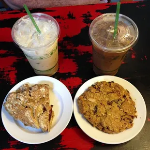 Iced coffees + gigantic vegan scone &amp; vegan cookie.
