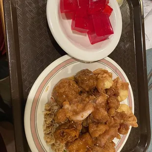 Jello, sweet and sour chicken, sesame chicken, meatballs, Pork Fried Rice.