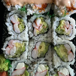 Spicy Crunchy Shrimp Roll, California Roll with cream cheese, Shrimp Avocado Roll with cucumber