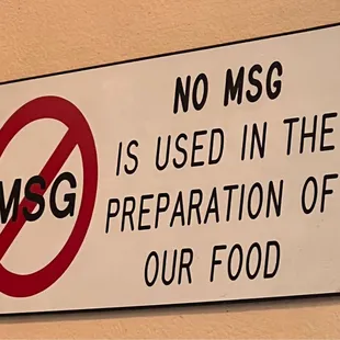 no msg is used in the preparation of our food