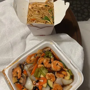 Chicken Lo Mein and Shrimp with Black Bean Sauce