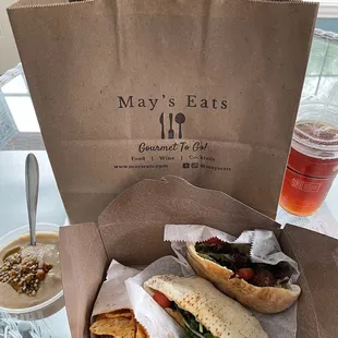 Delicious pita pockets (w/vegan meatballs!), cauliflower cashew soup, iced tea. It came with some tasty seasoned chips as well!