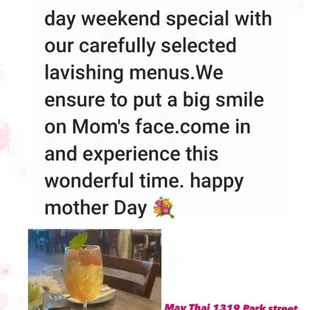 Bring your mother to join our special menu at May Thai kitchen .  Ring me now ! 510-2638229