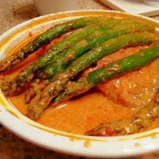 Salmon red curry, medium spicy. $14.