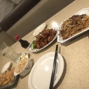 Sesame chicken lomain and fried rice