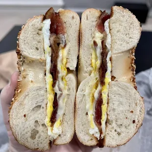 BEC - Classic bacon, egg &amp; cheese on an everything bagel. Obviously good but still enjoy them with added cream cheese!