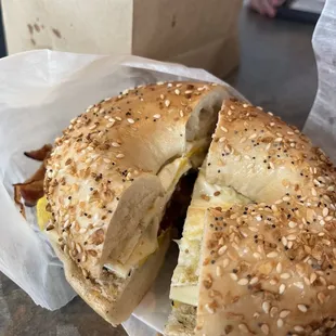 Bacon egg and cheese on everything bagel.