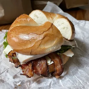 Turkey Club Sandwich on plain bagel. Bacon made this good sandwich even better.