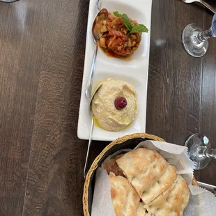 Hummus, Ezme, and Patlican Kozleme with bread.