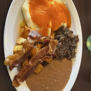 Huevos Ranceros. Papas con chorizo. Adding Barbacoa