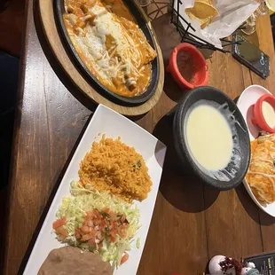 Enchilada rancheras and queso fundido