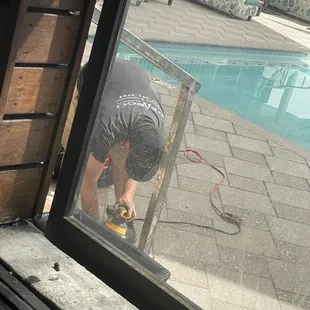 Just sanding the newly installed stairs at 1:30 pm (they opened at noon).