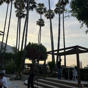 a group of people sitting at tables under palm trees