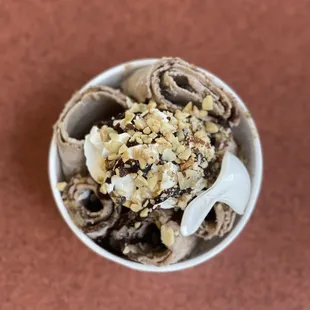 an overhead view of a bowl of ice cream