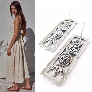 Cotton/linen summer dress by By Together. Silver Rose earrings hand crafted by Tara Gasparian.