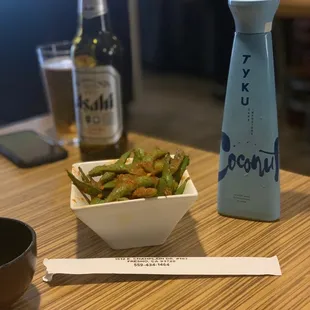 Spicy Garlic Edamame and coconut Tyku Sake