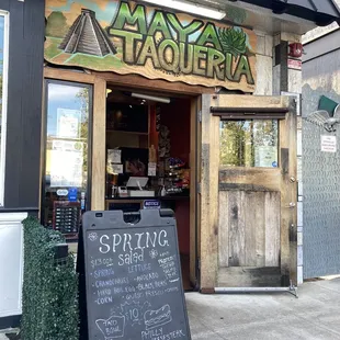 Seating is outside, in front.