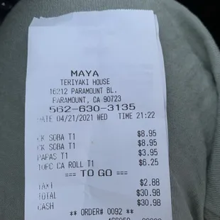 Receipt , everything is moderately priced