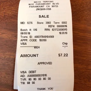 a receipt for a restaurant