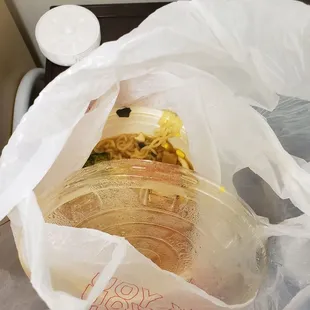 It had spilled and the noodles were climbing out the the bowl...