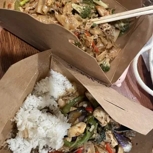 Spicy eggplant with tofu  Drunken noodles with vegetables and shrimp