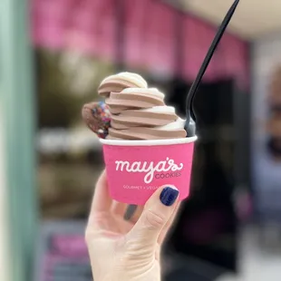 a hand holding a cup of ice cream