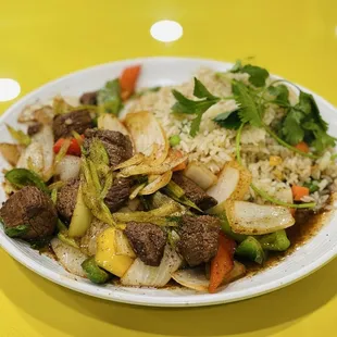 Shaken beef and fried rice