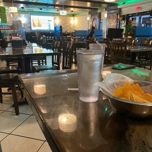 a bowl of chips and a glass of water