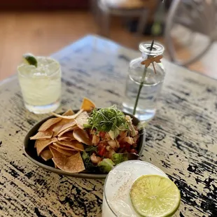 Shrimp, Scallop, Avocado Ceviche  Lost at Sea Cocktail  Maya&apos;s Classic Margarita