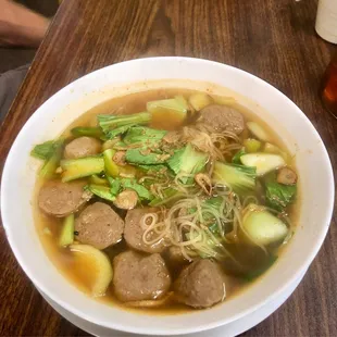 Meatball and rice noodle soup