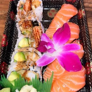 shrimp tempura roll and salmon nigiri