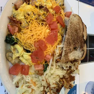Mayberry Mega Omelet (pick six items) - scrambled instead of a folded omelet.