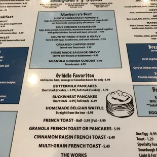 the menu and prices
