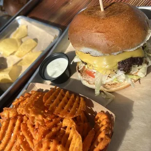Mayers burger with sweet potato fries