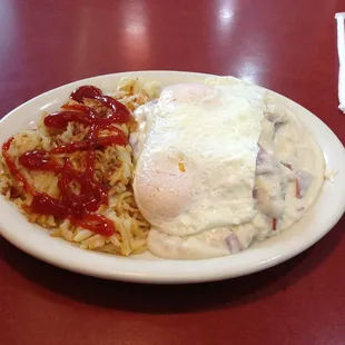 Cream chipped beef with two eggs. Way too much food!