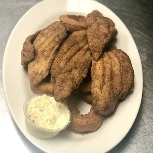 SALT &amp; PEPPER CATFISH FILET, SLAW, &amp; HUSH PUPPIES