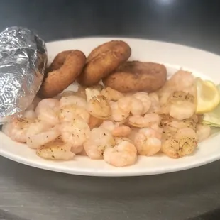 BROILED BABY SHRIMP, BAKED POTATO &amp; HUSH PUPPIES