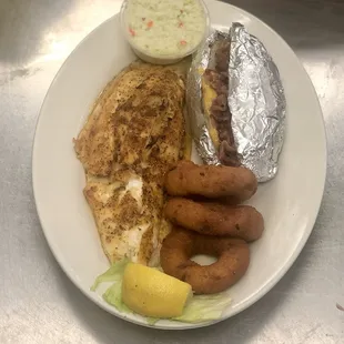 BROILED FLOUNDER, LOADED BAKED POTATO, SLAW &amp; HUSH PUPPIES