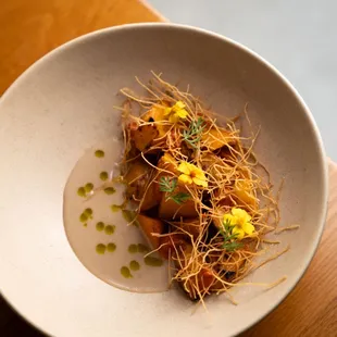 Viera Farms Butternut Squash, Chestnut Veloute, Red Zhoug, Kataifi