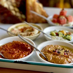 RIP AND DIP Baba Ganoush Hummus Muhammara Herby labneh &amp; tomato  Watermelon &amp; Feta