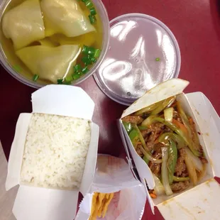 Wonton soup, small; shredded beef, Szechuan style, small.