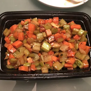 Kung pao chicken when you remove all of the chicken, peanuts and water chestnuts- basically celery and carrots in a flavorless sweet sauce