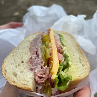 a person holding a sandwich