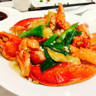 Lobster noodles with live lobster.