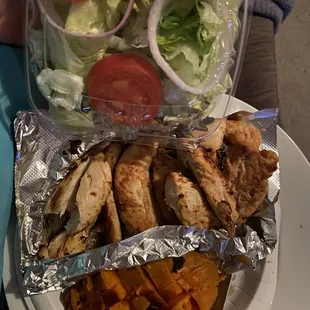 Grilled chicken tenders, sweet potato with cinnamon, sugar and butter, salad with ranch dressing no croutons