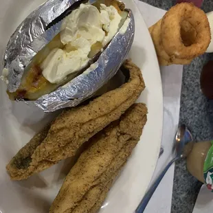 Regular flounder plate with loaded baked potato, slaw, hush puppies
