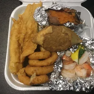 Flounder, deviled crab and boiled shrimp with hushpuppies, baked sweet potato