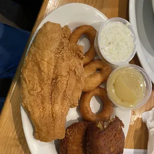 Two Different (create your own) Catfish and Crab Cakes w/ Coleslaw, apple sauce and hush puppies