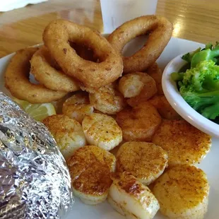 Broiled combo of Jumbo Shrimp &amp; Sea Scallops w/ broccoli, baked potato &amp; hushpuppies