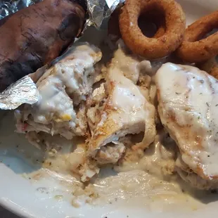 Southern grill stuff chicken, onion rings, sweet potatoes